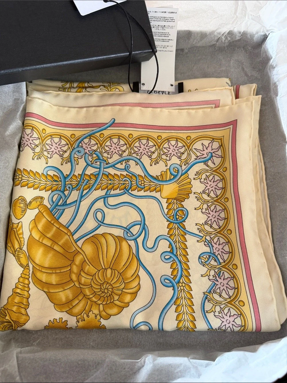 Versace Silk Scarf in Cream, Gold & Light Blue with Pink Trim - Picture 3 of 6